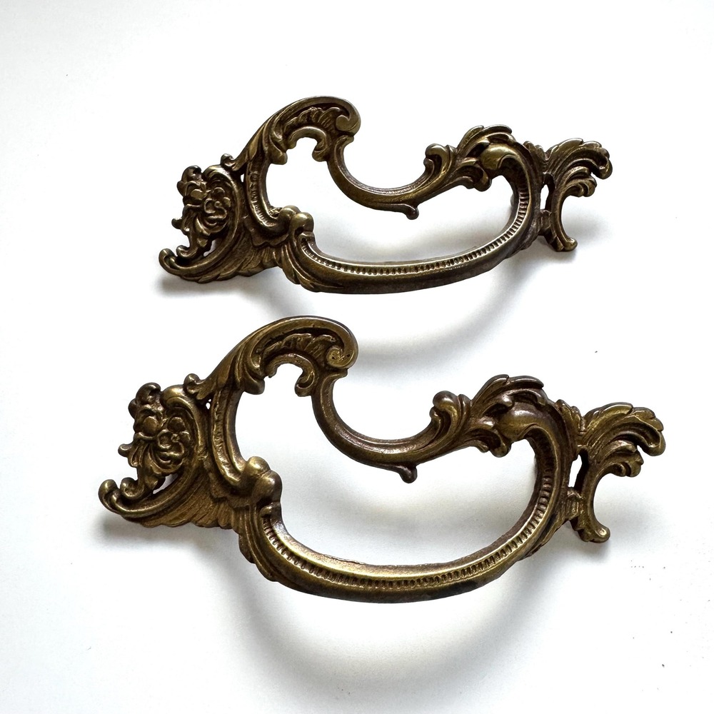 Ornate French Provincial Brass Handles - Set of 2 Vintage Dresser Hardware
